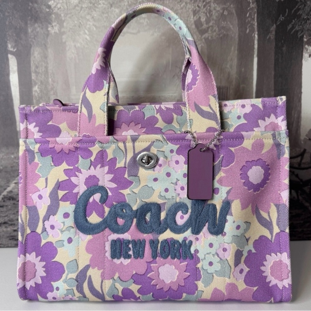 Coach Purple Floral Canvas Tote with Pastel Accents - Picture 1 of 1